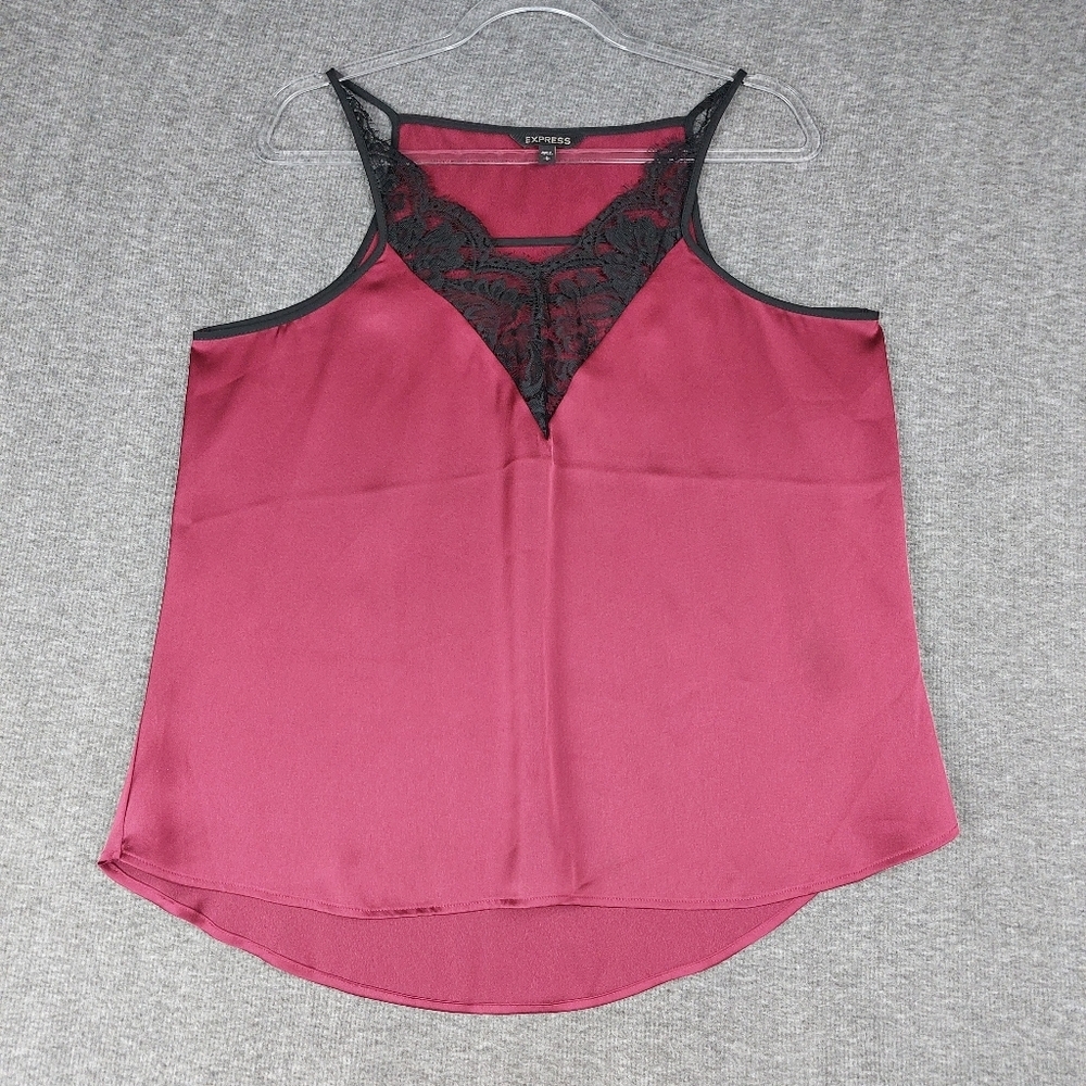 EXPRESS WOMENS Y2K MAROON BURGUNDY BLACK LACE TRIM SATIN CAMI TANK TOP SIZE L